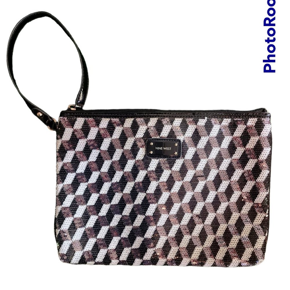 Nine West Geometric Sequined Black & White Wristlet
